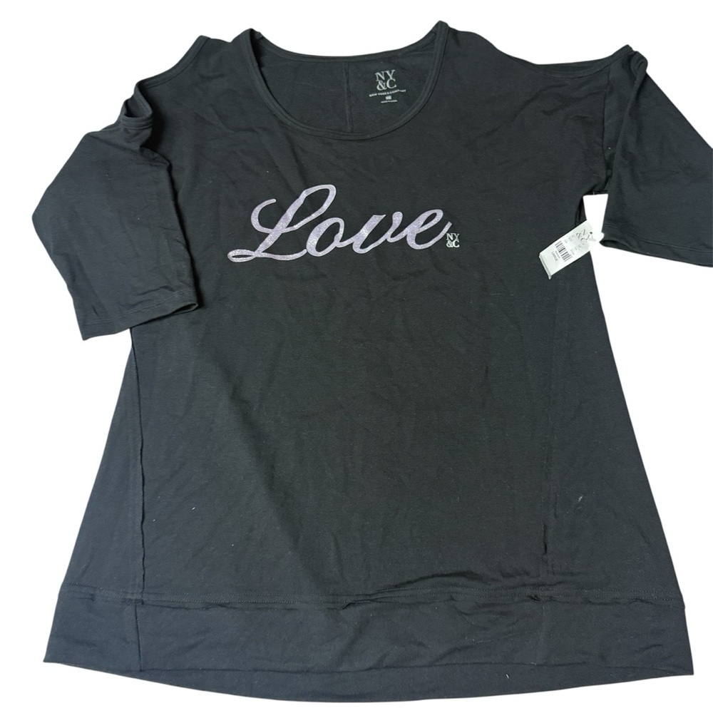 New York & Company Black Long Sleeve Top with Love Script cold shoulder
